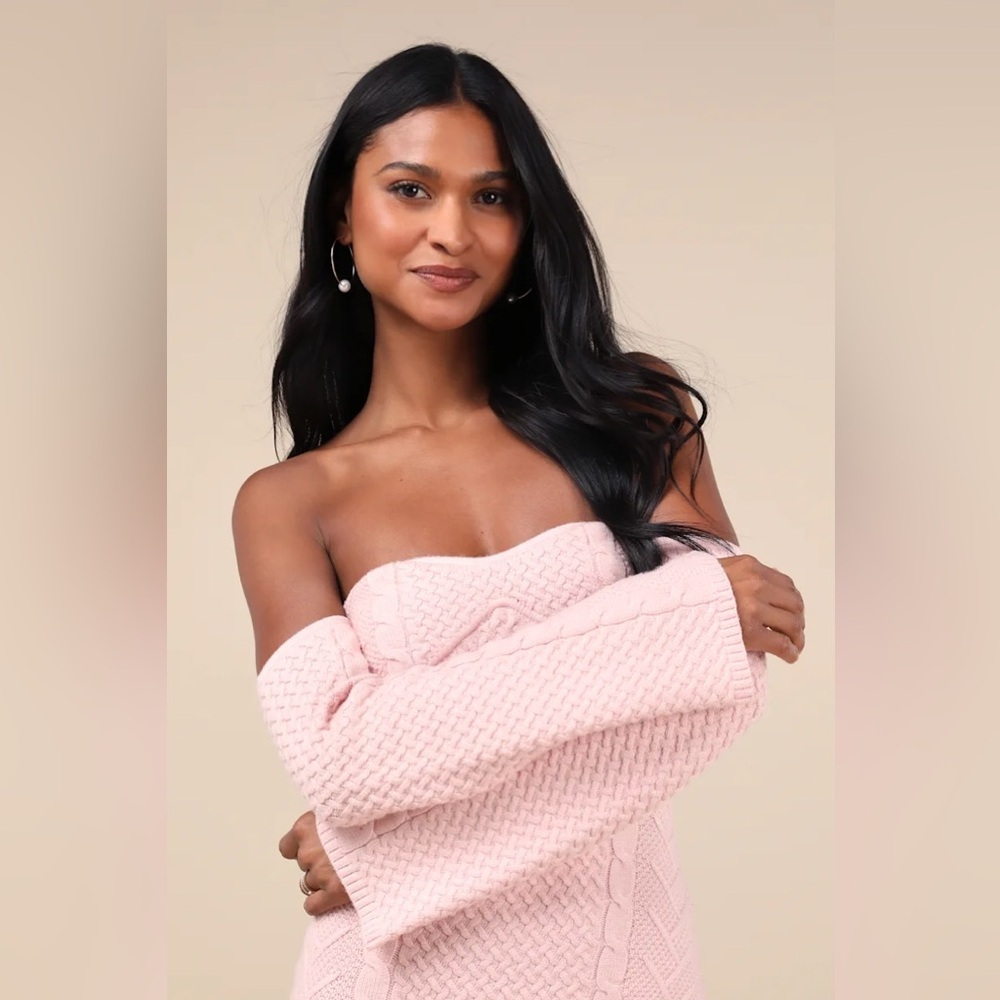Lulus Cuddly Element Light Pink Cable Knit Off-the-shoulder Midi Dress - Size M - Picture 3 of 5